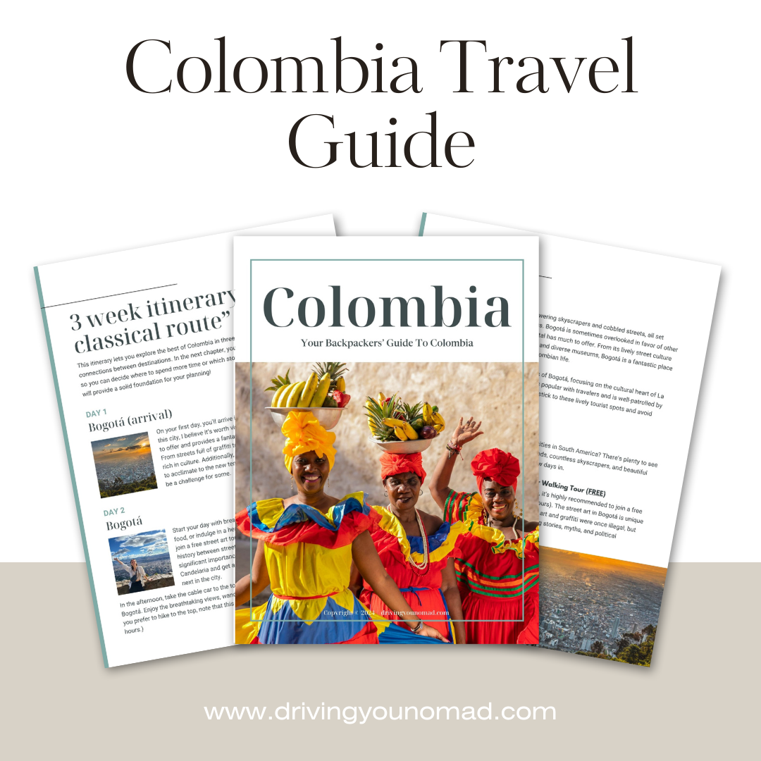 Cover image of a Colombia travel guide featuring three women in colorful traditional attire holding fruit baskets, with pages of the guide visible behind them.